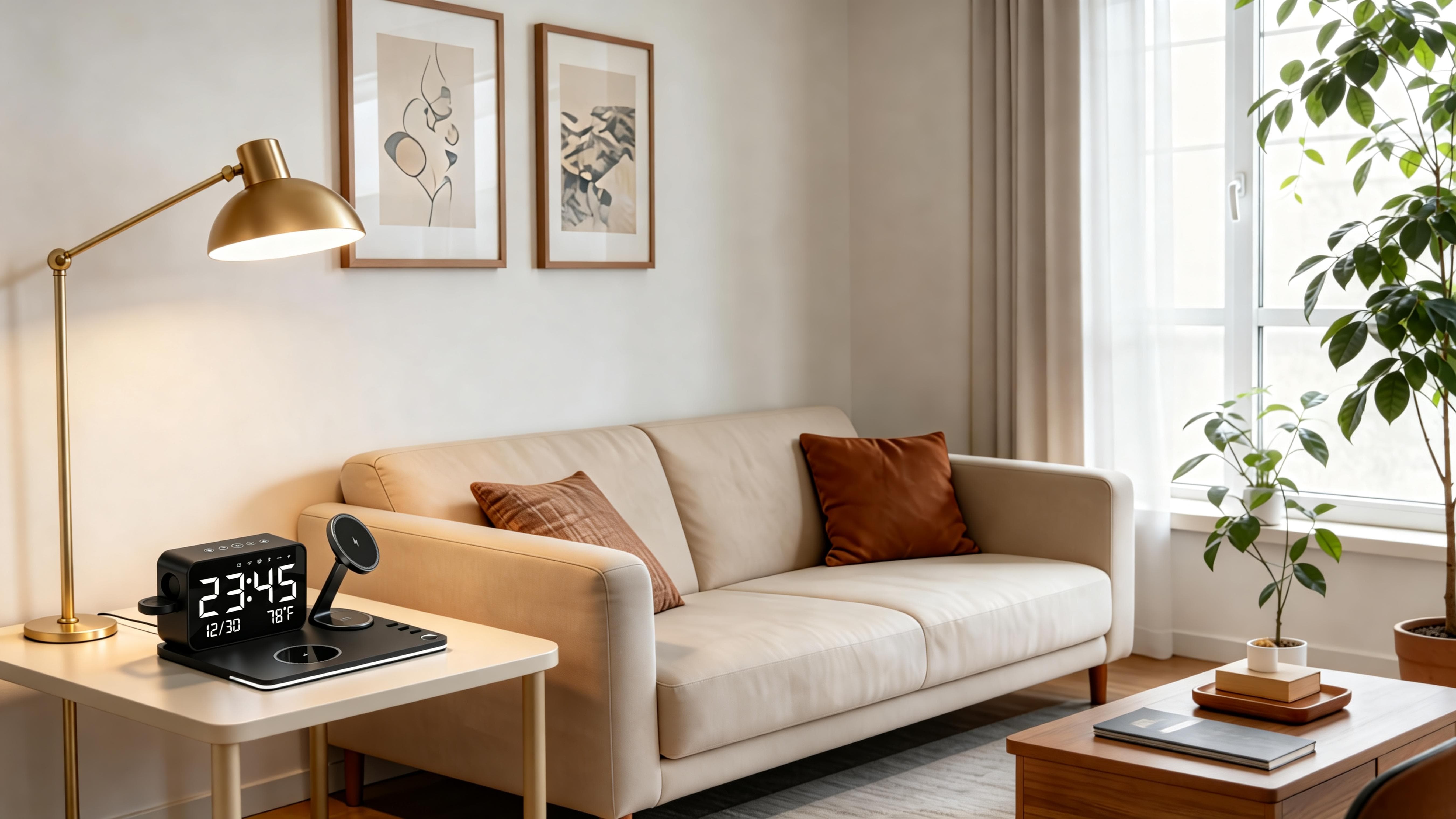 Modern living room with beige sofa, lamp, and decor