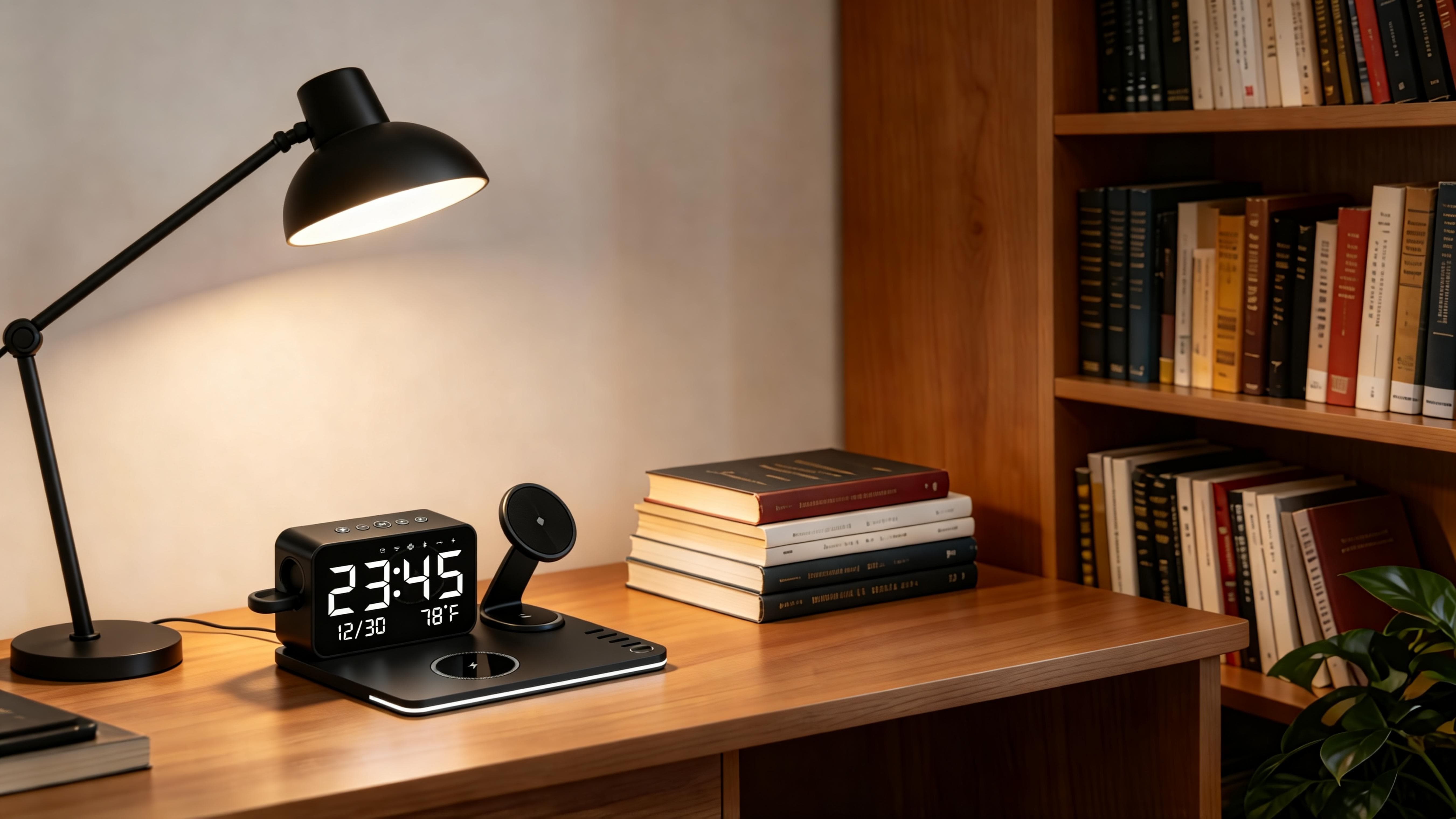 Desk with lamp, digital clock, and books next to a bookshelf.