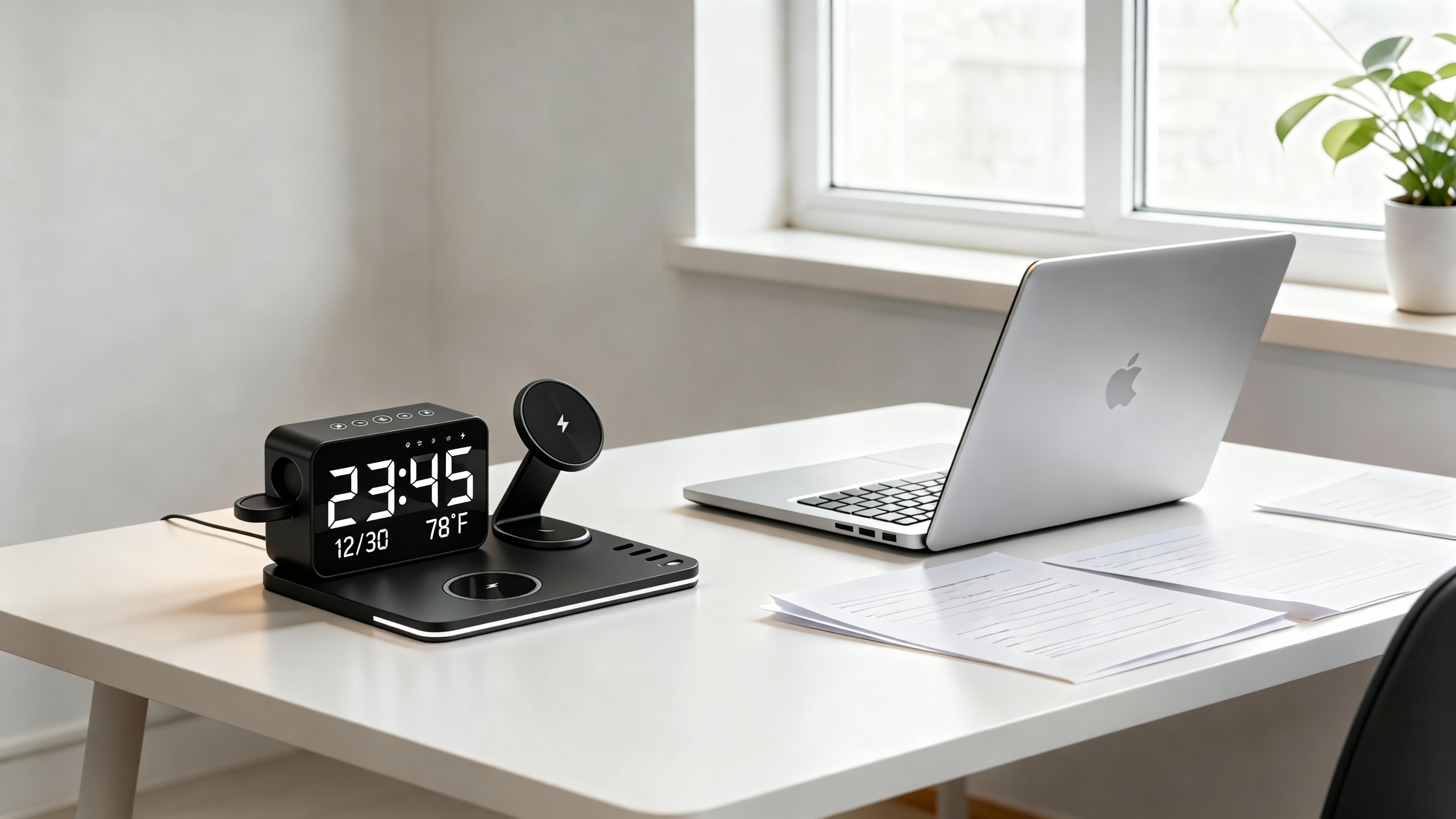 Desk with a laptop, digital clock, and stationery items in a bright room.